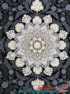 فرش طلاکوب 700 شانه طرح گلرخ رنگ سرمه ای کاشان زمینه