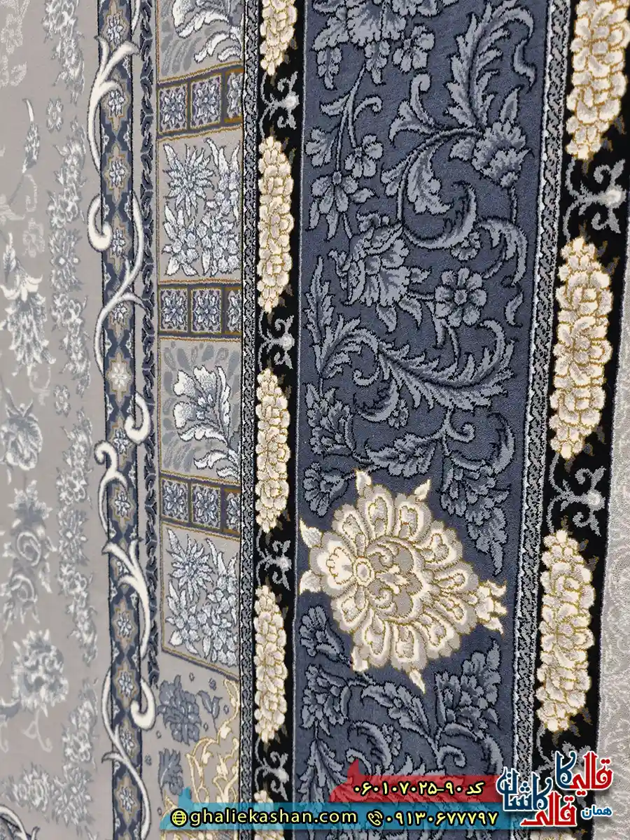 فرش طلاکوب 700 شانه طرح گلرخ رنگ سرمه ای کاشان نزدیک 2