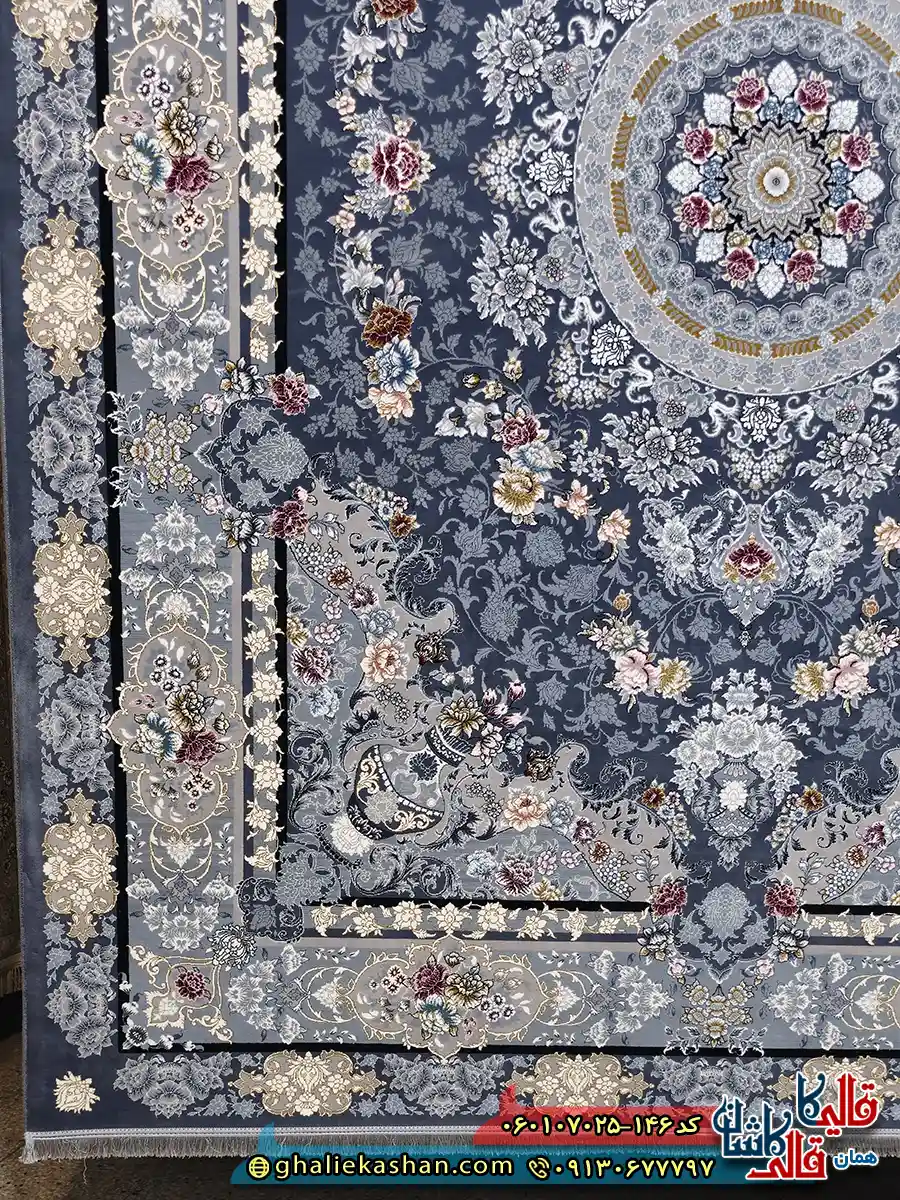 فرش طلاکوب 700 شانه طرح گندم رنگ طوسی دودی کاشان حاشیه