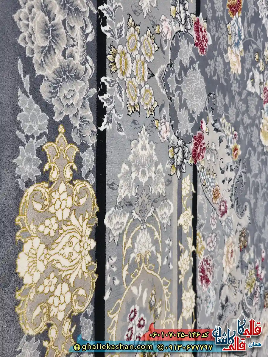 فرش طلاکوب 700 شانه طرح گندم رنگ طوسی دودی کاشان نزدیک