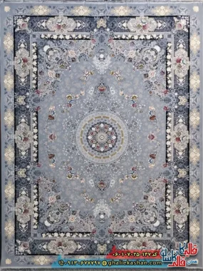 فرش طلاکوب 700 شانه طرح گندم رنگ طوسی نقره ای کاشان