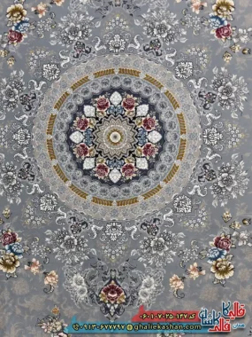 فرش طلاکوب 700 شانه طرح گندم رنگ طوسی نقره ای کاشان زمینه