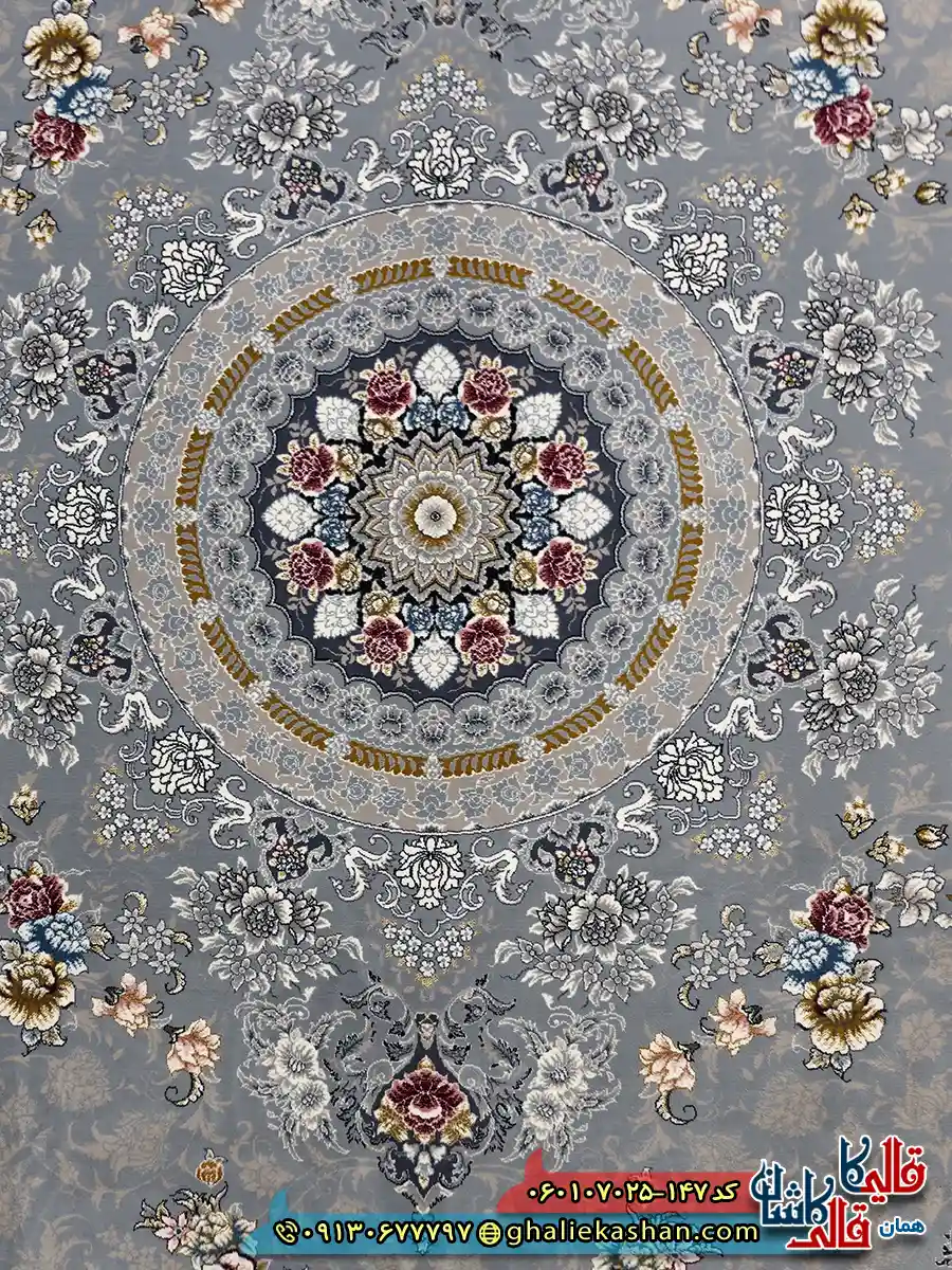 فرش طلاکوب 700 شانه طرح گندم رنگ طوسی نقره ای کاشان زمینه