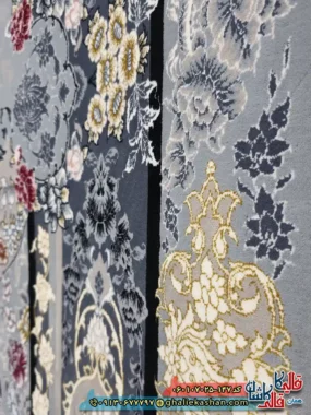 فرش طلاکوب 700 شانه طرح گندم رنگ طوسی نقره ای کاشان نزدیک