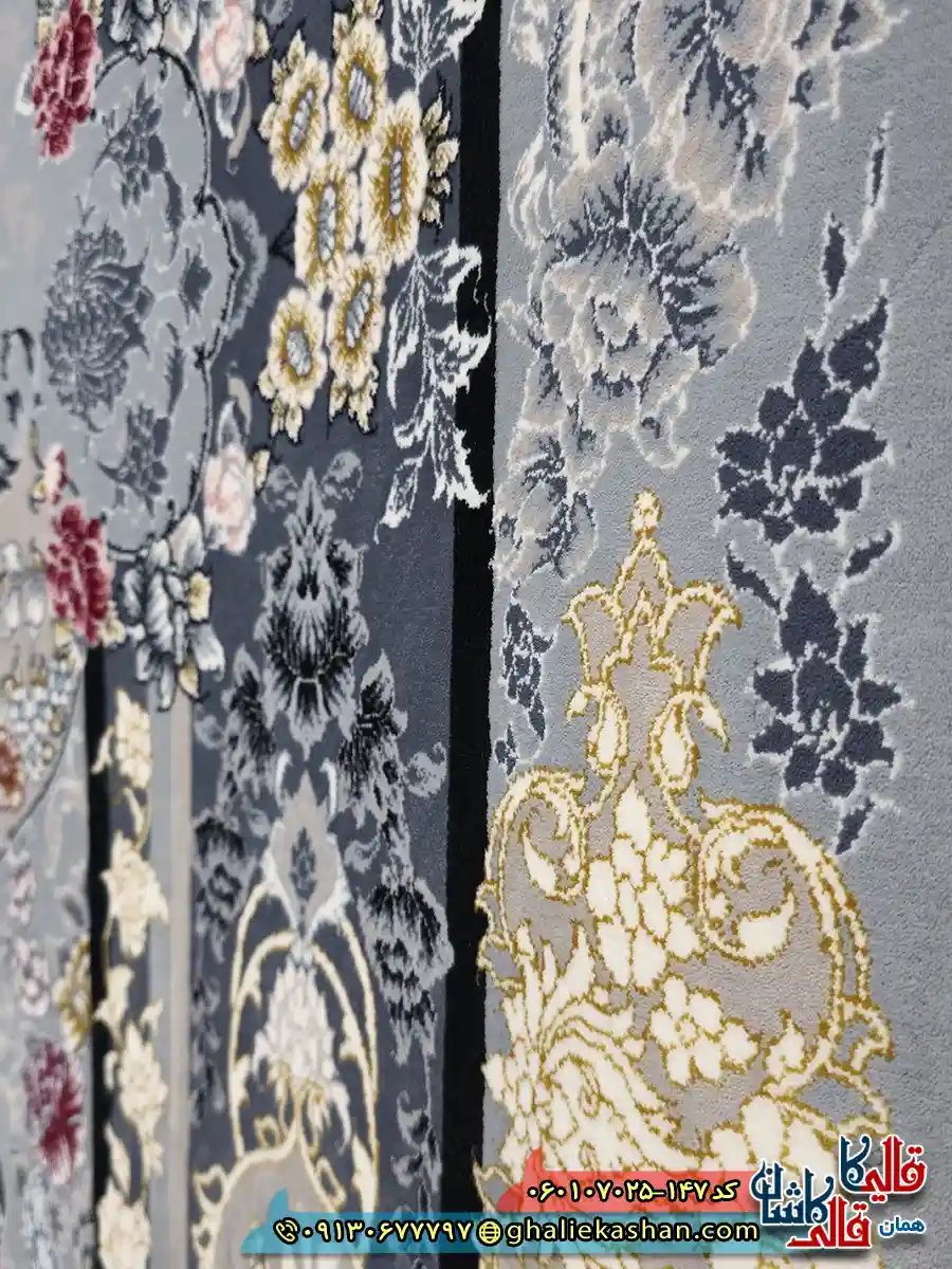 فرش طلاکوب 700 شانه طرح گندم رنگ طوسی نقره ای کاشان نزدیک