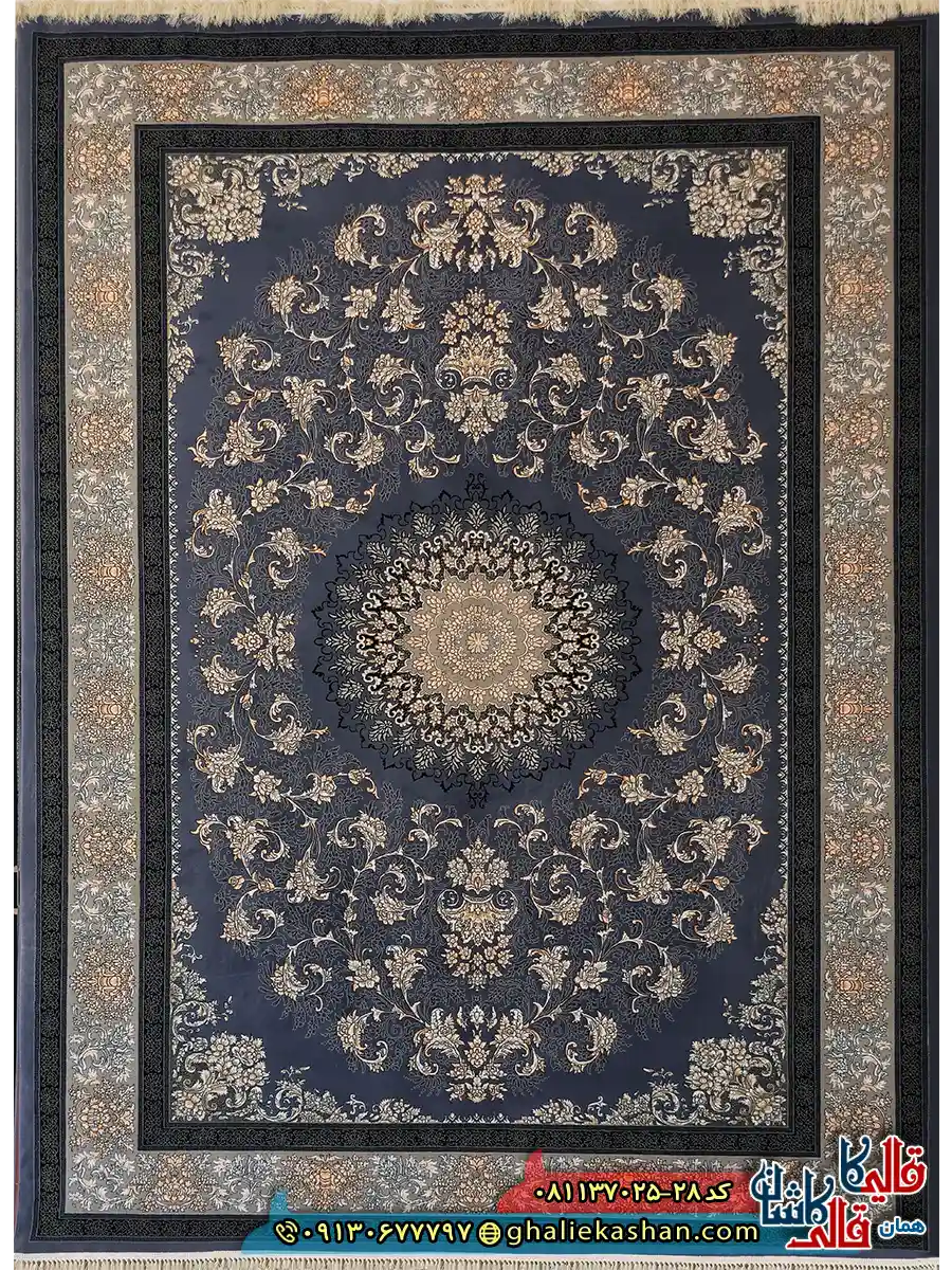 فرش طلاکوب 700 شانه طرح یلدا رنگ طوسی دلفینی کاشان اصلی