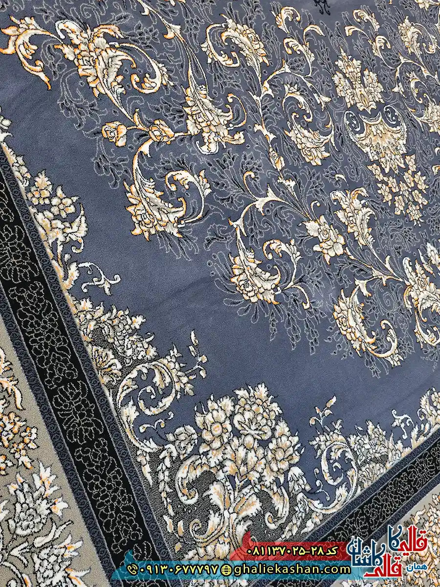 فرش طلاکوب 700 شانه طرح یلدا رنگ طوسی دلفینی کاشان نزدیک 2