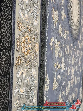 فرش طلاکوب 700 شانه طرح یلدا رنگ طوسی دلفینی کاشان نزدیک