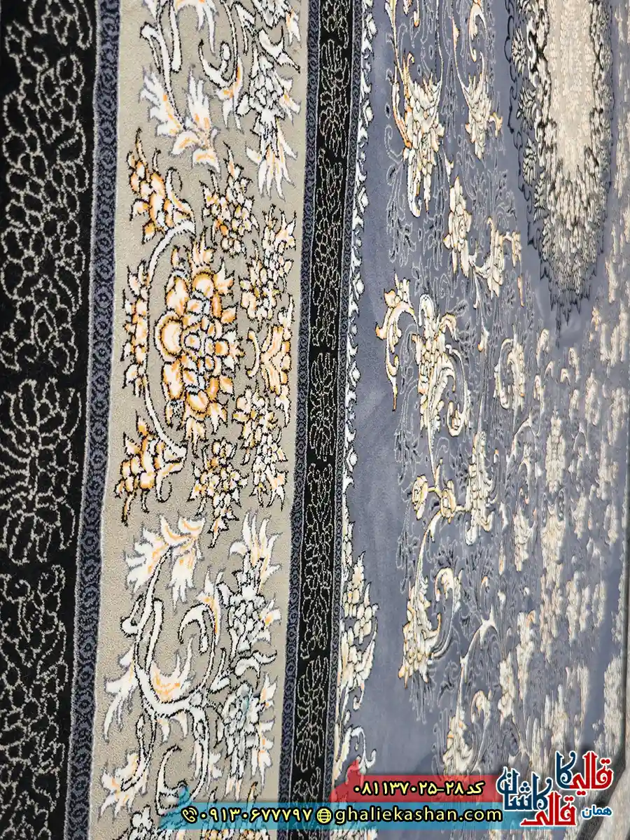 فرش طلاکوب 700 شانه طرح یلدا رنگ طوسی دلفینی کاشان نزدیک