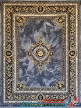فرش ‌طلاکوب ‌700 ‌شانه ‌فرانسوی ‌طرح ‌ژیوا ‌رنگ ‌طوسی ‌دودی ‌کاشان