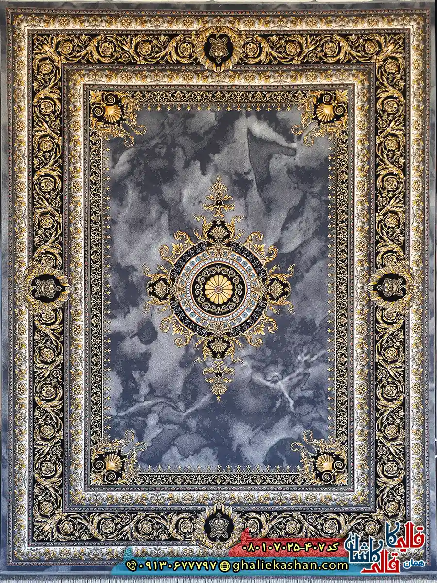 فرش ‌طلاکوب ‌700 ‌شانه ‌فرانسوی ‌طرح ‌ژیوا ‌رنگ ‌طوسی ‌دودی ‌کاشان ‌اصلی