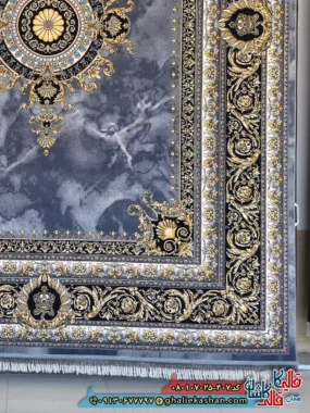 فرش ‌طلاکوب ‌700 ‌شانه ‌فرانسوی ‌طرح ‌ژیوا ‌رنگ ‌طوسی ‌دودی ‌کاشان ‌حاشیه