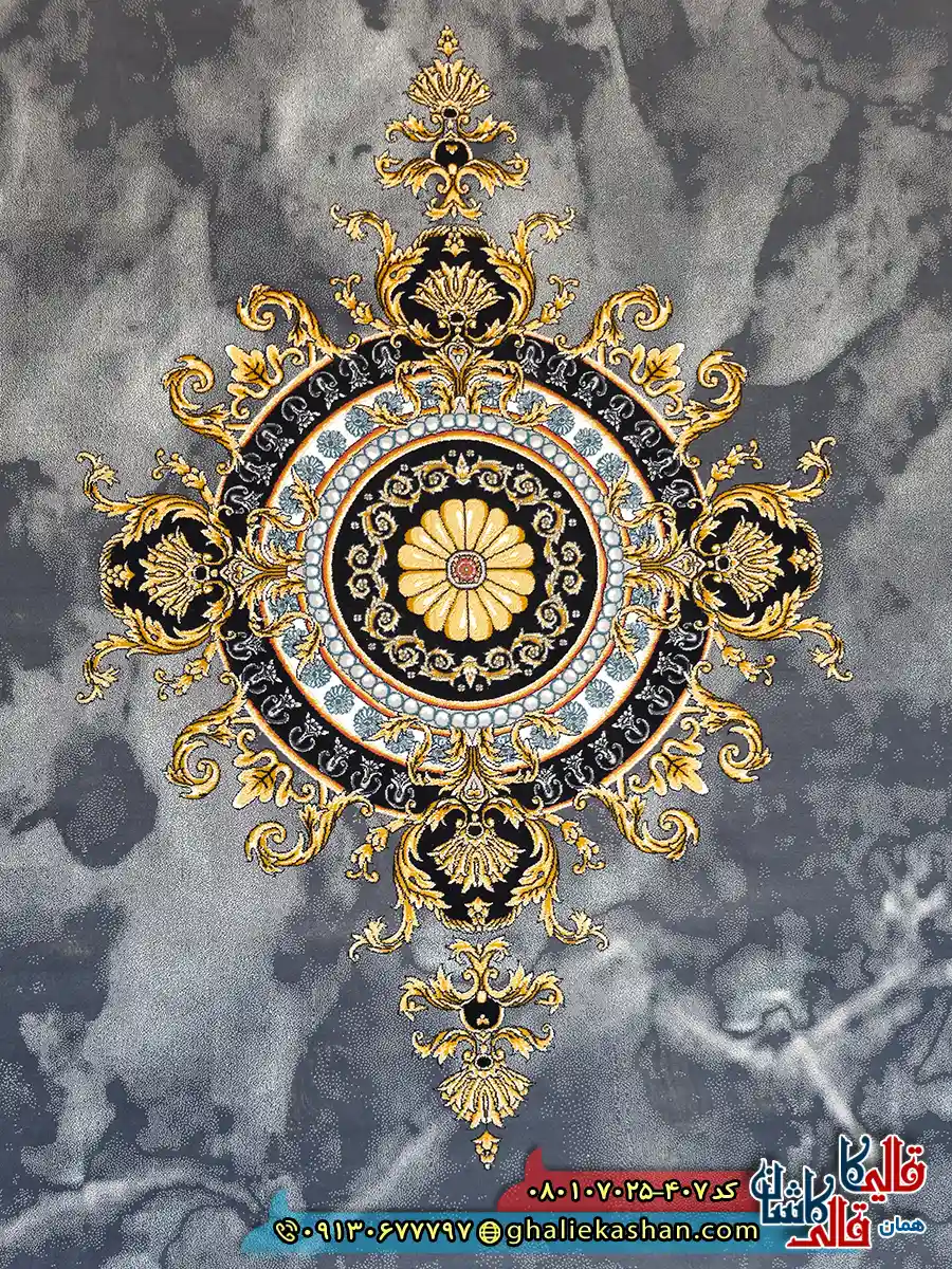 فرش ‌طلاکوب ‌700 ‌شانه ‌فرانسوی ‌طرح ‌ژیوا ‌رنگ ‌طوسی ‌دودی ‌کاشان ‌زمینه