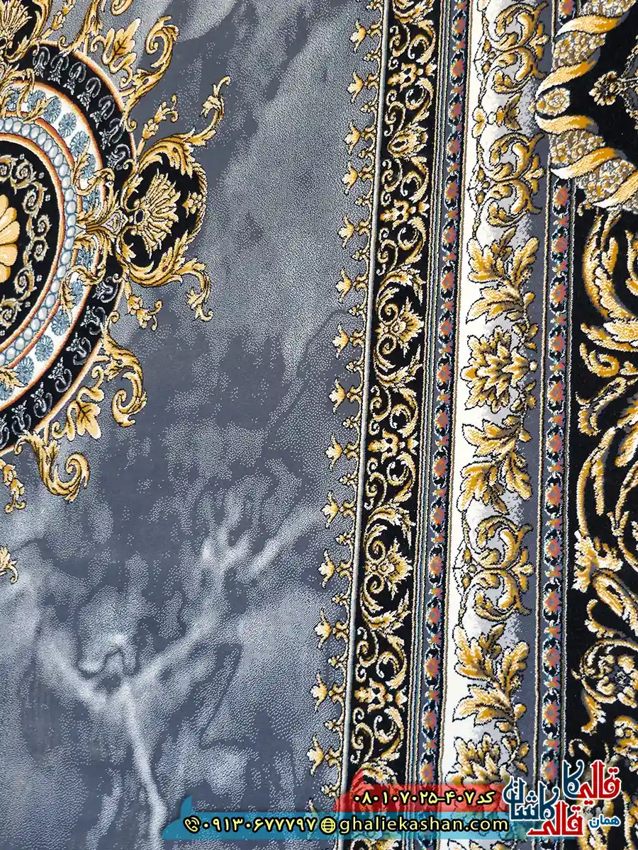 فرش ‌طلاکوب ‌700 ‌شانه ‌فرانسوی ‌طرح ‌ژیوا ‌رنگ ‌طوسی ‌دودی ‌کاشان ‌نزدیک