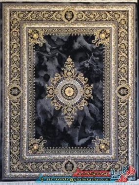 فرش ‌طلاکوب ‌700 ‌شانه ‌فرانسوی ‌طرح ‌ژیوا ‌رنگ ‌مشکی ‌زغالی ‌کاشان ‌