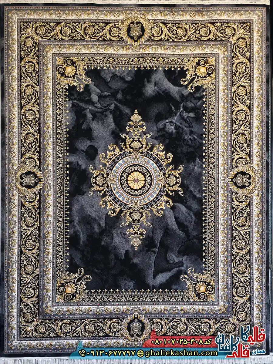 فرش ‌طلاکوب ‌700 ‌شانه ‌فرانسوی ‌طرح ‌ژیوا ‌رنگ ‌مشکی ‌زغالی ‌کاشان ‌اصلی