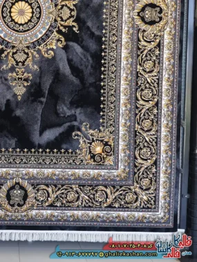 فرش ‌طلاکوب ‌700 ‌شانه ‌فرانسوی ‌طرح ‌ژیوا ‌رنگ ‌مشکی ‌زغالی ‌کاشان ‌حاشیه