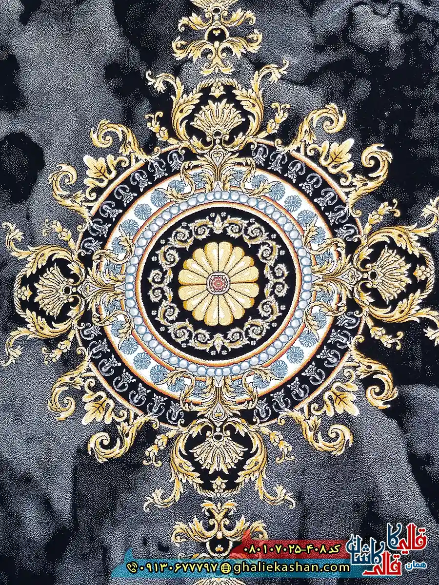 فرش ‌طلاکوب ‌700 ‌شانه ‌فرانسوی ‌طرح ‌ژیوا ‌رنگ ‌مشکی ‌زغالی ‌کاشان ‌زمینه