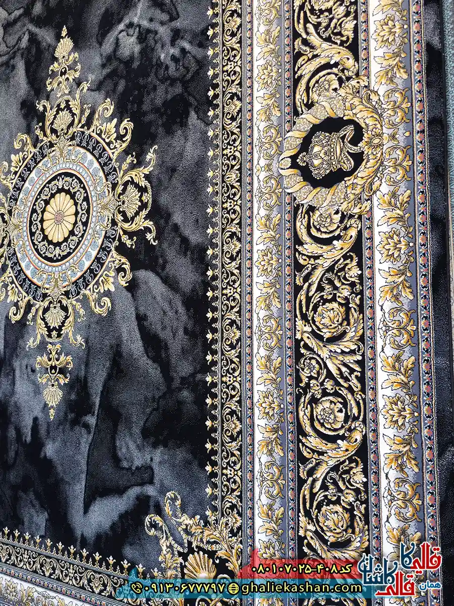 فرش ‌طلاکوب ‌700 ‌شانه ‌فرانسوی ‌طرح ‌ژیوا ‌رنگ ‌مشکی ‌زغالی ‌کاشان ‌نزدیک ‌2