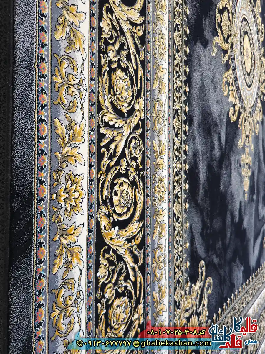 فرش ‌طلاکوب ‌700 ‌شانه ‌فرانسوی ‌طرح ‌ژیوا ‌رنگ ‌مشکی ‌زغالی ‌کاشان ‌نزدیک