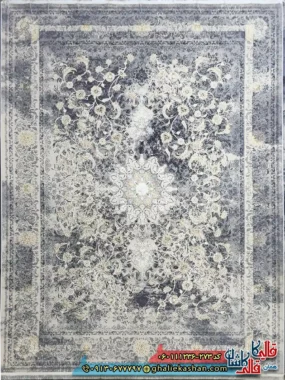 فرش طلاکوب وینتیج 1200 شانه طرح آذر رنگ طوسی نقره ای گل برجسته کاشان