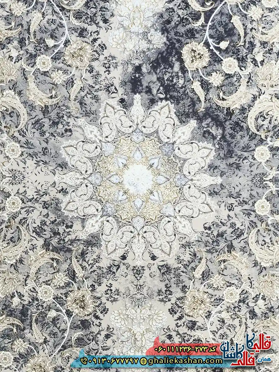 فرش طلاکوب وینتیج 1200 شانه طرح آذر رنگ طوسی نقره ای گل برجسته کاشان زمینه