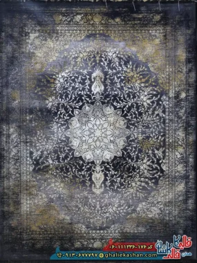 فرش طلاکوب وینتیج 1200 شانه طرح آرشا رنگ سرمه ای گل برجسته کاشان