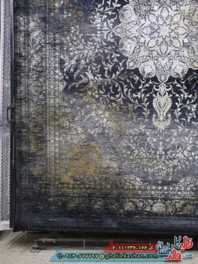 فرش طلاکوب وینتیج 1200 شانه طرح آرشا رنگ سرمه ای گل برجسته کاشان حاشیه