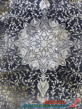 فرش طلاکوب وینتیج 1200 شانه طرح آرشا رنگ سرمه ای گل برجسته کاشان زمینه