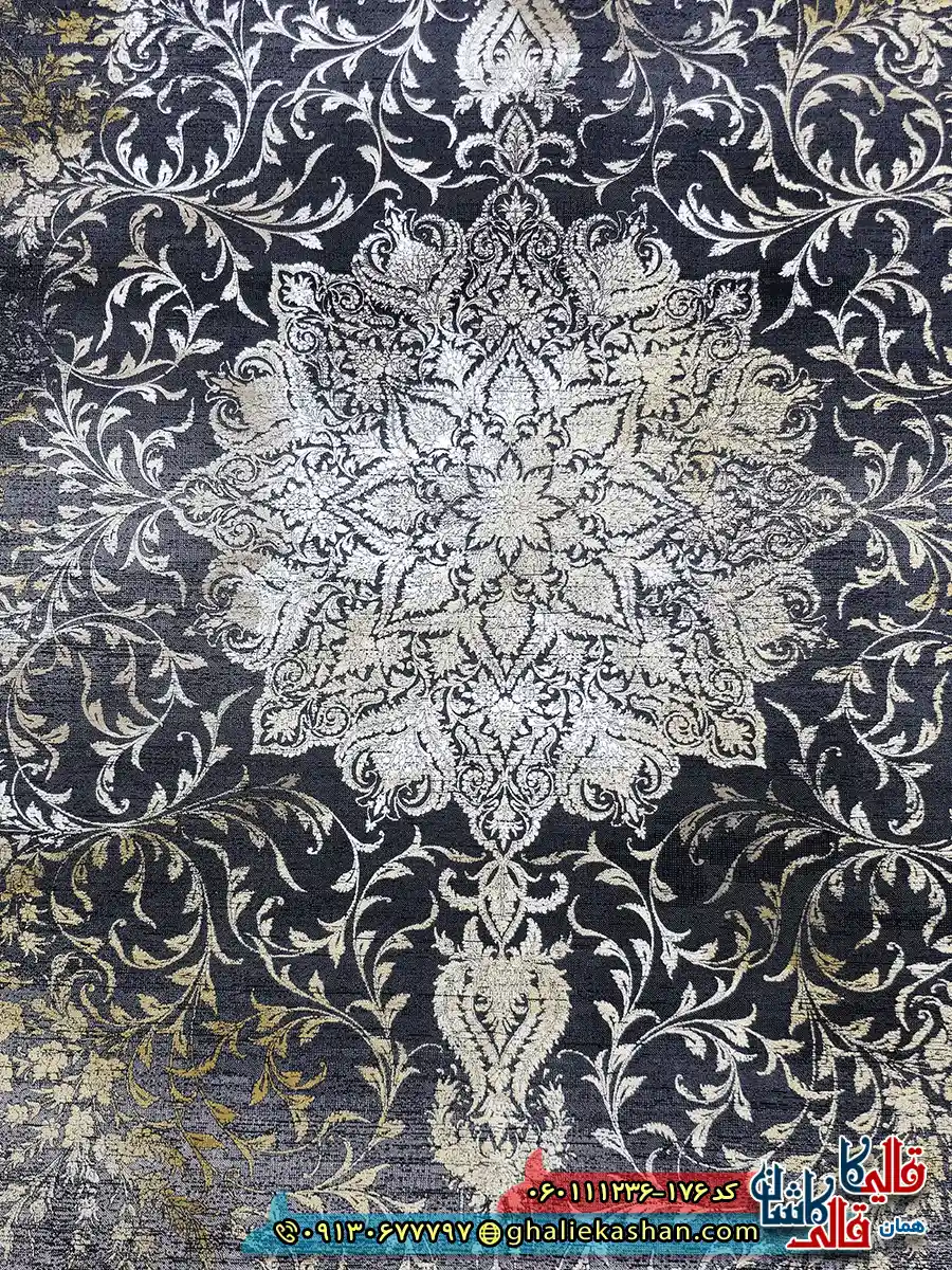 فرش طلاکوب وینتیج 1200 شانه طرح آرشا رنگ سرمه ای گل برجسته کاشان زمینه