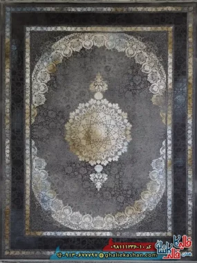 فرش طلاکوب وینتیج 1200 شانه طرح آنیسا رنگ طوسی دودی آبی گل برجسته کاشان