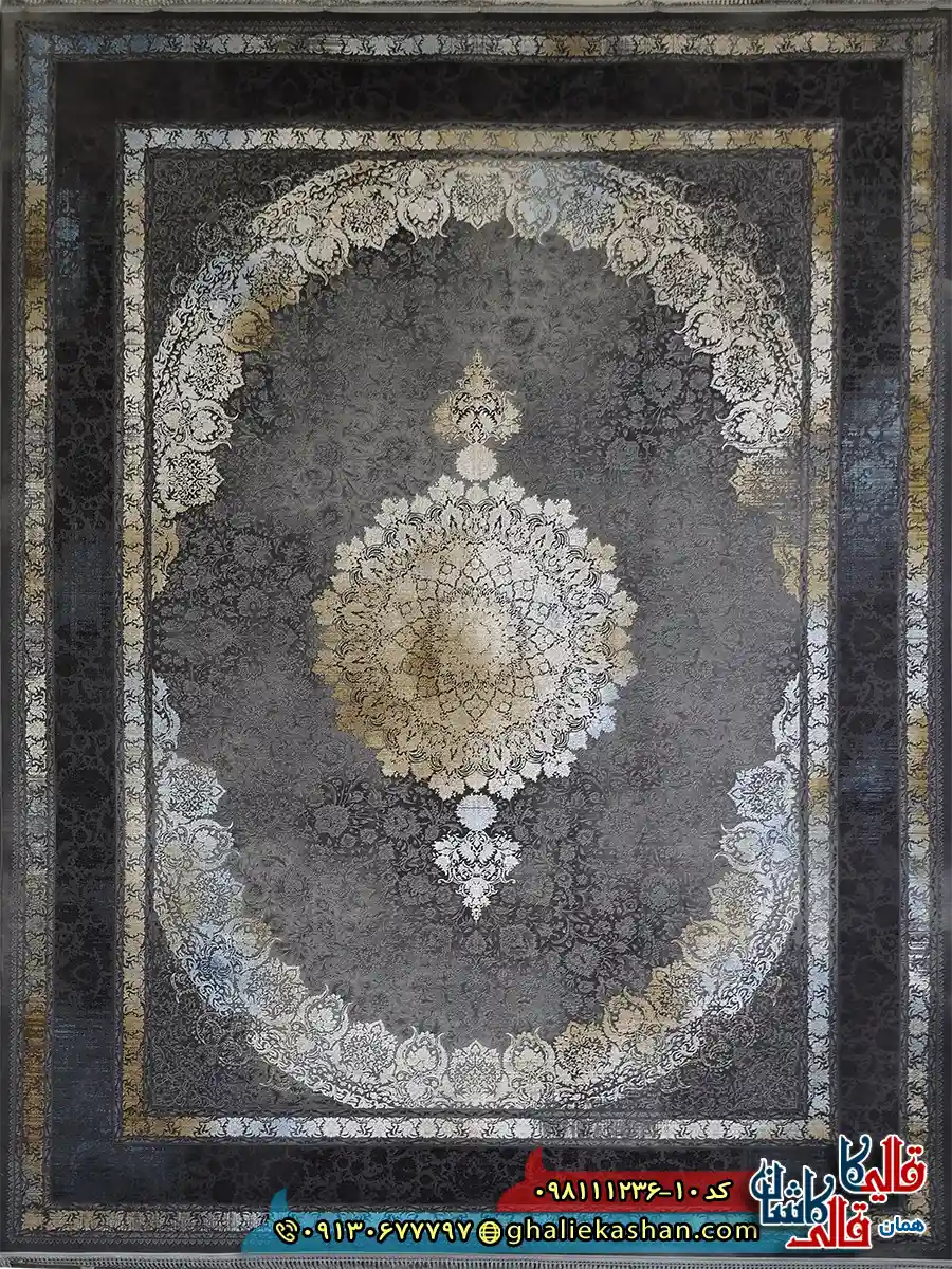 فرش طلاکوب وینتیج 1200 شانه طرح آنیسا رنگ طوسی دودی آبی گل برجسته کاشان اصلی