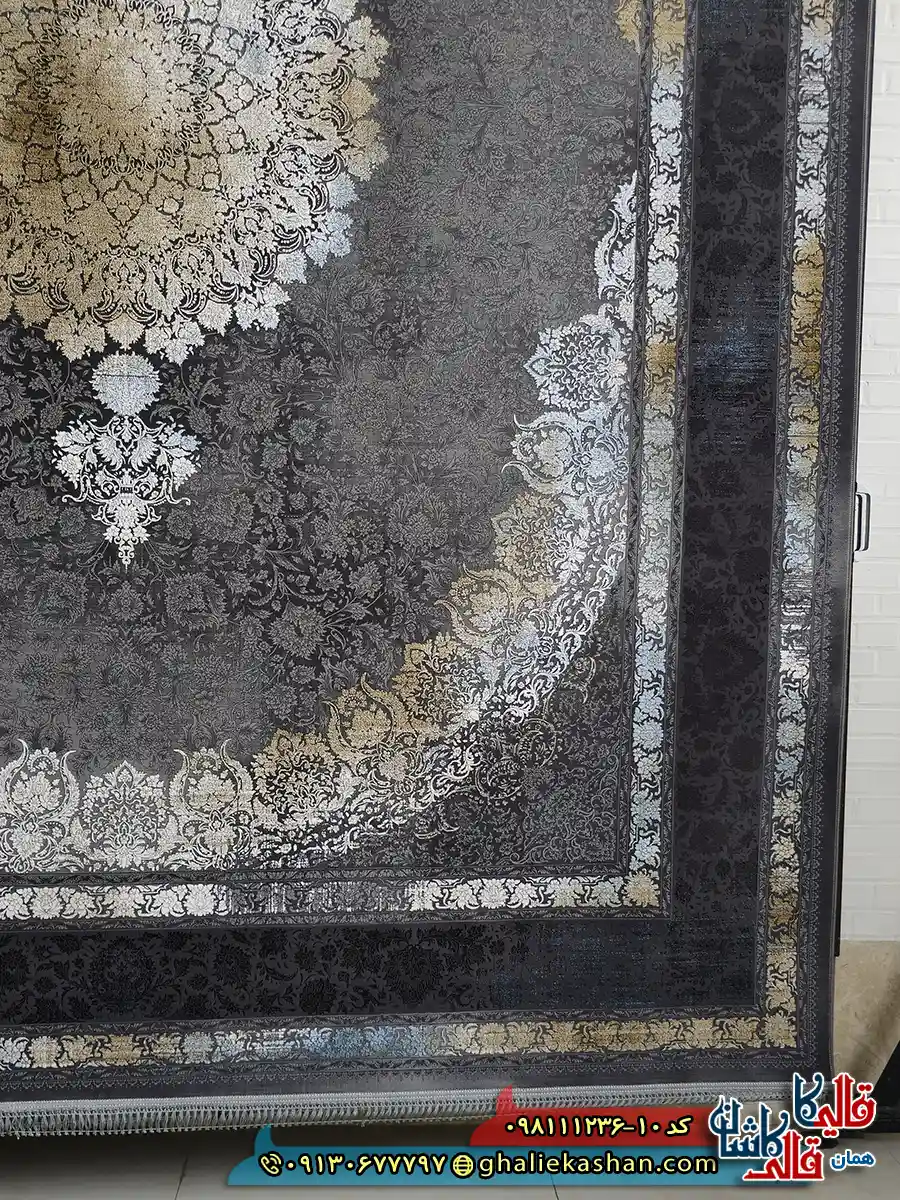 فرش طلاکوب وینتیج 1200 شانه طرح آنیسا رنگ طوسی دودی آبی گل برجسته کاشان حاشیه