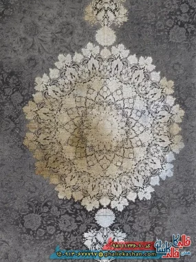 فرش طلاکوب وینتیج 1200 شانه طرح آنیسا رنگ طوسی دودی آبی گل برجسته کاشان زمینه