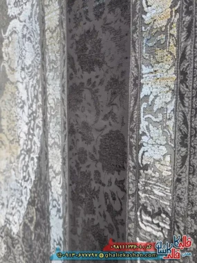 فرش طلاکوب وینتیج 1200 شانه طرح آنیسا رنگ طوسی دودی آبی گل برجسته کاشان نزدیک