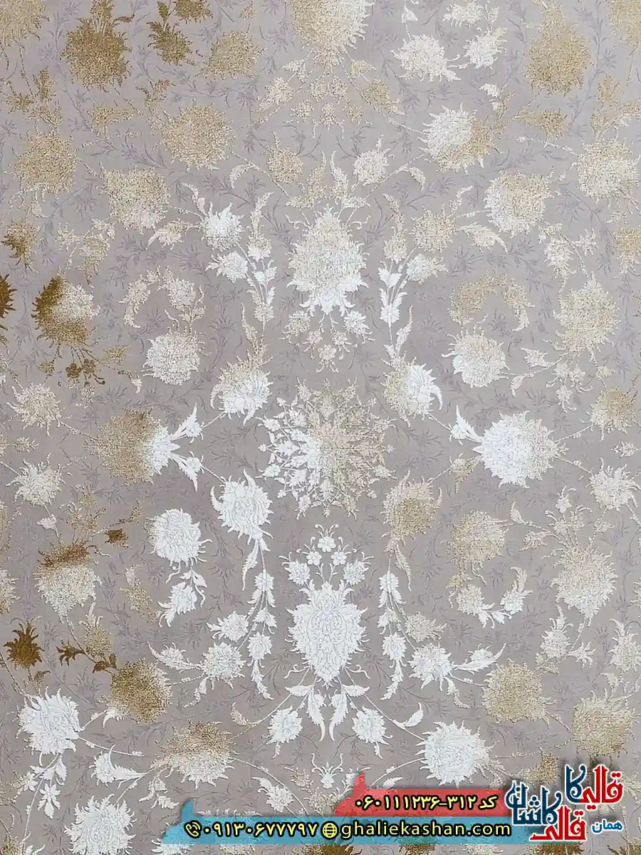 فرش-طلاکوب-وینتیج-1200-شانه-طرح-افشان-آتوسا-رنگ-کرم-صدفی-گل-برجسته-کاشان-زمینه