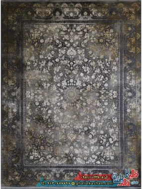 فرش طلاکوب وینتیج 1200 شانه طرح افشان شاه پسند رنگ طوسی دودی گل برجسته کاشان