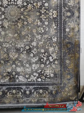 فرش طلاکوب وینتیج 1200 شانه طرح افشان شاه پسند رنگ طوسی دودی گل برجسته کاشان حاشیه