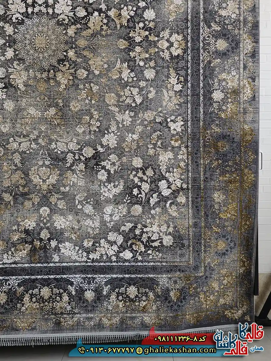 فرش طلاکوب وینتیج 1200 شانه طرح افشان شاه پسند رنگ طوسی دودی گل برجسته کاشان حاشیه