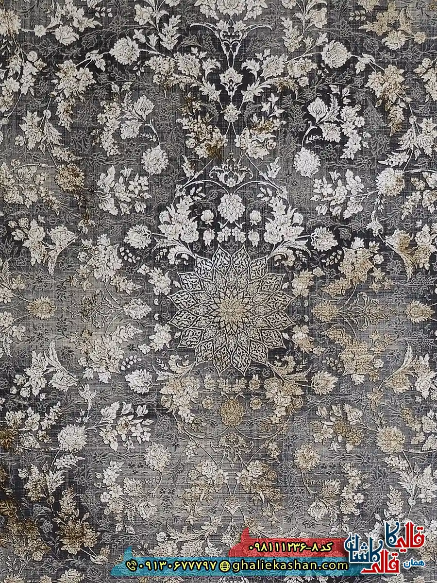 فرش طلاکوب وینتیج 1200 شانه طرح افشان شاه پسند رنگ طوسی دودی گل برجسته کاشان زمینه