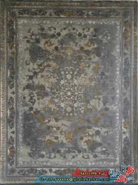 فرش طلاکوب وینتیج 1200 شانه طرح افشان قصر رنگ طوسی نقره ای گل برجسته کاشان