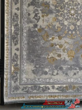 فرش طلاکوب وینتیج 1200 شانه طرح افشان قصر رنگ طوسی نقره ای گل برجسته کاشان حاشیه