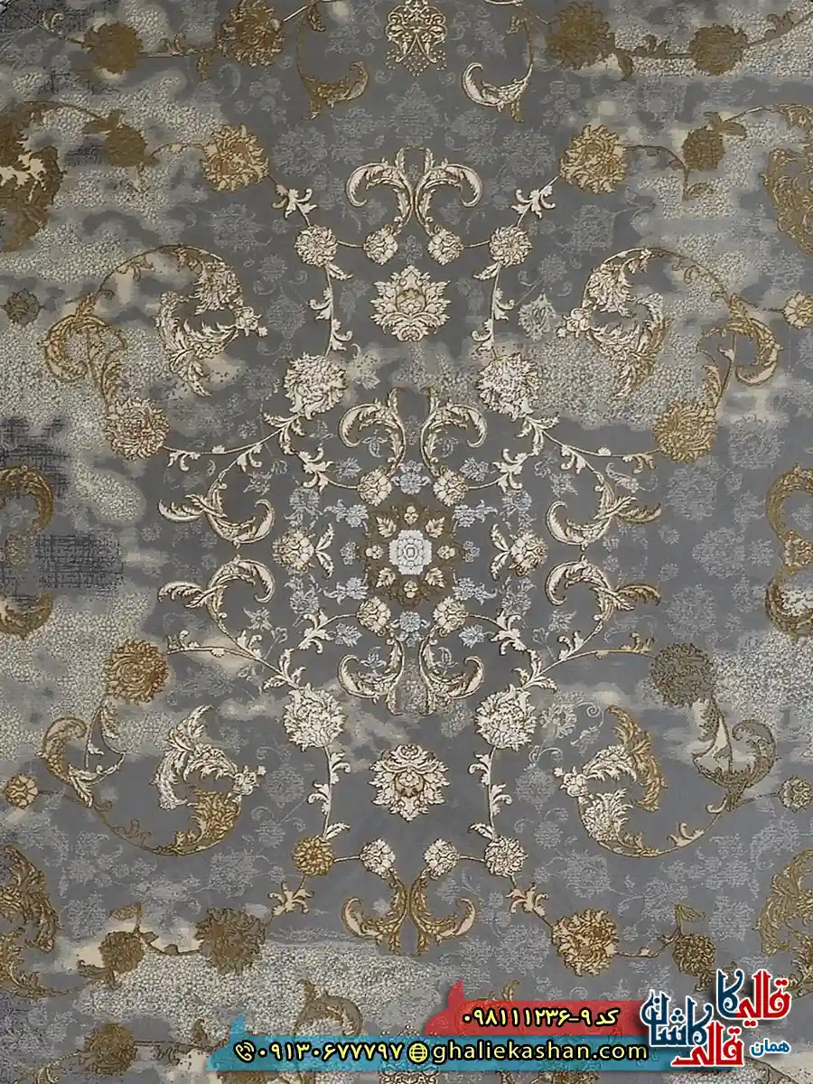 فرش طلاکوب وینتیج 1200 شانه طرح افشان قصر رنگ طوسی نقره ای گل برجسته کاشان زمینه