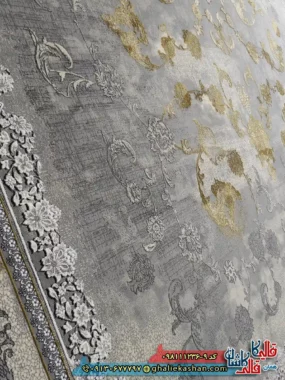 فرش طلاکوب وینتیج 1200 شانه طرح افشان قصر رنگ طوسی نقره ای گل برجسته کاشان نزدیک 2