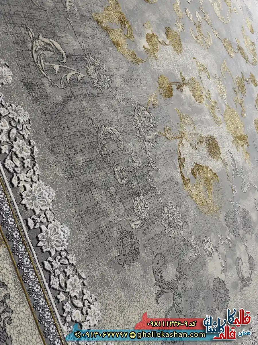 فرش طلاکوب وینتیج 1200 شانه طرح افشان قصر رنگ طوسی نقره ای گل برجسته کاشان نزدیک 2