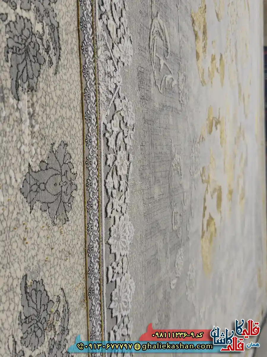 فرش طلاکوب وینتیج 1200 شانه طرح افشان قصر رنگ طوسی نقره ای گل برجسته کاشان نزدیک