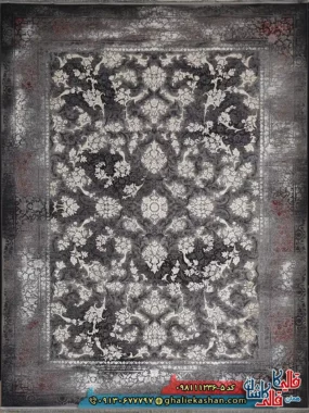 فرش طلاکوب وینتیج 1200 شانه طرح افشان نورا رنگ طوسی دودی قرمز گل برجسته کاشان