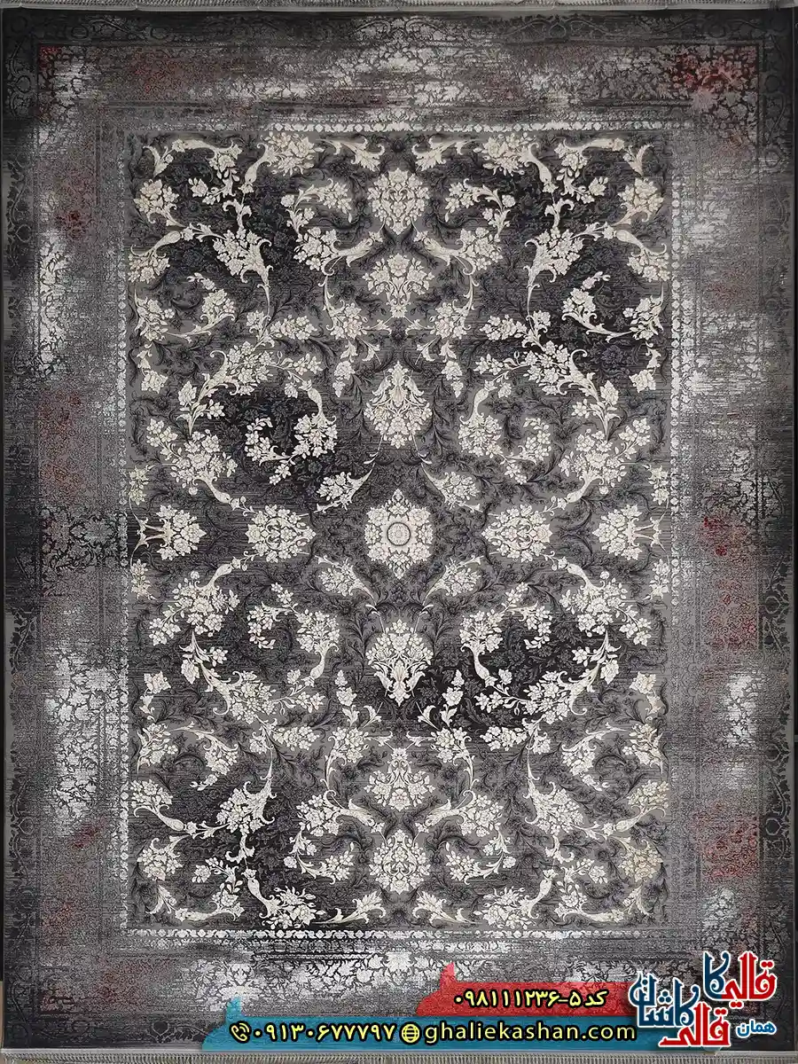 فرش طلاکوب وینتیج 1200 شانه طرح افشان نورا رنگ طوسی دودی قرمز گل برجسته کاشان اصلی