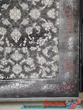 فرش طلاکوب وینتیج 1200 شانه طرح افشان نورا رنگ طوسی دودی قرمز گل برجسته کاشان حاشیه