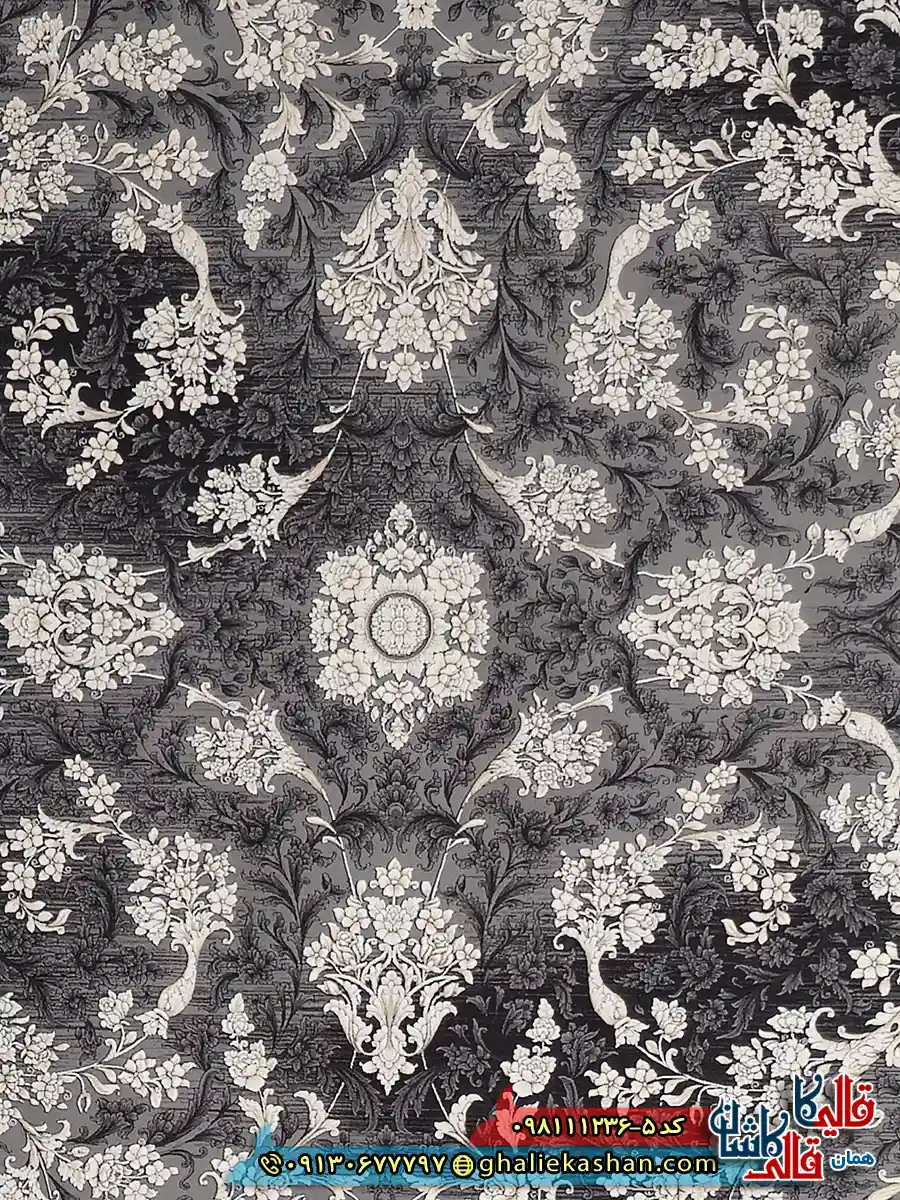 فرش طلاکوب وینتیج 1200 شانه طرح افشان نورا رنگ طوسی دودی قرمز گل برجسته کاشان زمینه